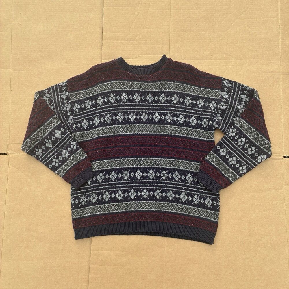 T.L.C by Lambert Men's M Fair Isle Crewneck Pullover Knit Sweater Blue Red Gray
